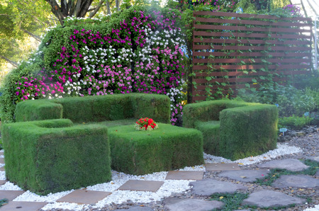 Sofa green grass Placed in the park Flower Showの写真素材