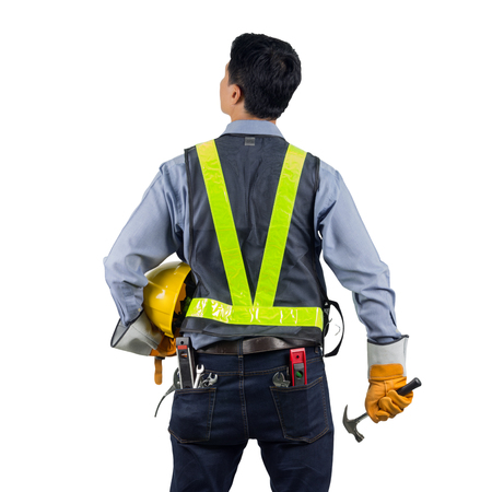 Asian engineer behind with overload tool isolated on white background with clipping path.の写真素材