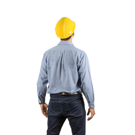 Portrait of standing asian engineer back view isolated on white with clipping path.の写真素材