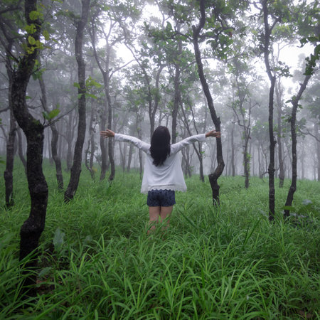 Happy asian woman with hands up in the air in the forest with morning mist air freshener.の写真素材