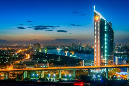 BANGKOK-JUL 11:Kasikorn Bank Headquarter Skyline at Dusk from Top View on Jul 11,2015 in Bangkok. Kasikorn bank has 790 branches in Thailand.のeditorial素材