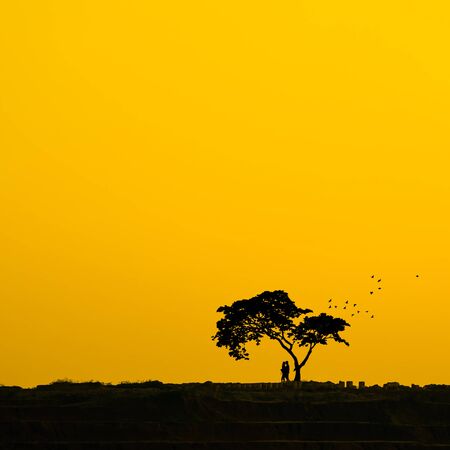 Couple silhouette under a tree on the ridge, Romantic atmosphere.の写真素材