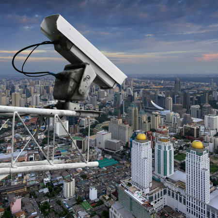 CCTV security on high rise view from the top of a high rise business district of Bangkok, Thailand.