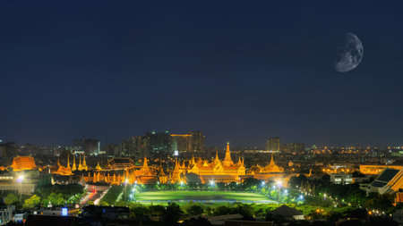 Grand Palace at night in Bangkok of Thailand with space for your text.の写真素材