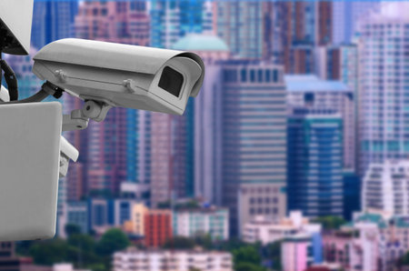 Monitoring security camera The backdrop of the blue blur building.