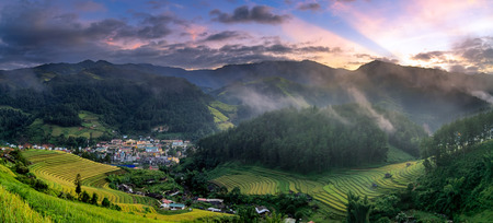 Town at sunrise of Mu Cang Chai, YenBai, Vietnam, at Northwest Vietnam.の写真素材