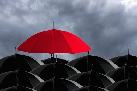 Red umbrella in mass of black umbrellas.の写真素材