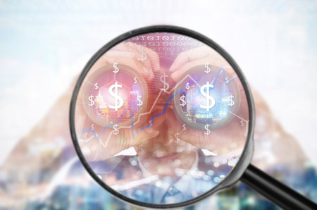 Examining business with magnifying glass, concept examining.