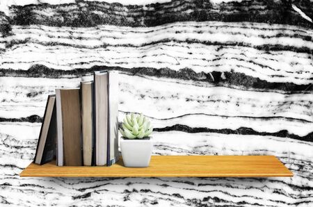 Top wooden shelves with cactus,book and marble wall background - For product display.の写真素材