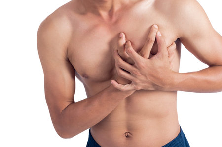 Men with pain in his heart, isolated on white with clipping path.