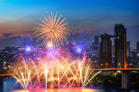 Bangkok business district riverside Beautiful fireworks and celebration.の写真素材