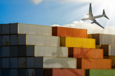 Port Container Transportation Industry with airplane.