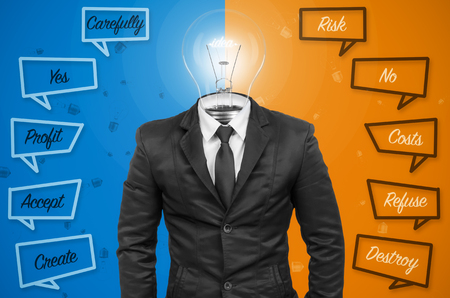 Suit with idea bulb head on background, Concept opposite.の写真素材