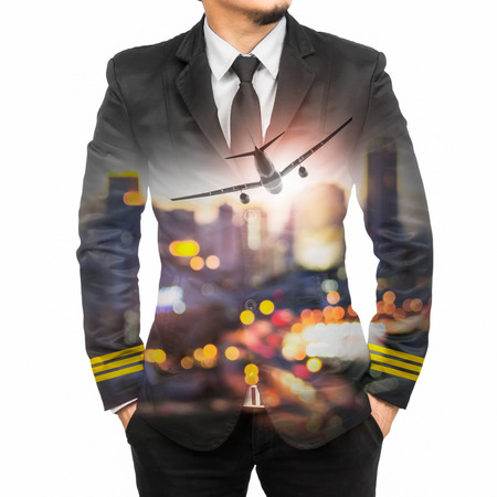Double Exposure of businessman in downtown blurred and airplane isolated on white with clipping path, Concept travel.の写真素材