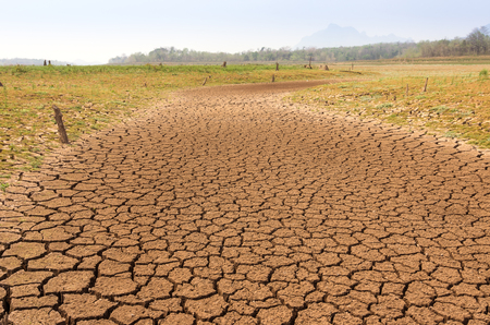 Global warming, Drought in the summer, the ground is dry reservoir of Mae Moh, Lampang, Thailand.の写真素材