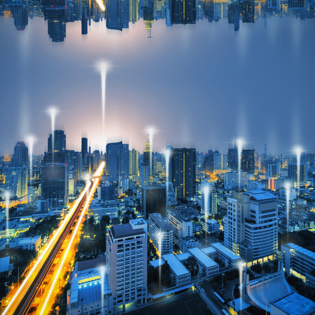 Bangkok city night and network connection concept.の写真素材