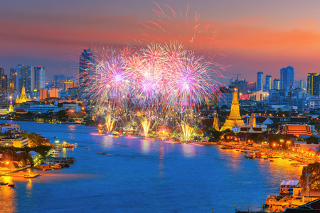 Bangkok newyear countdown fireworks at Wat Arun Temple, Bangkok, Thailand.の写真素材