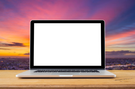 Conceptual workspace, Laptop with blank screen on table.の写真素材