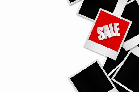 Sale paper label in photo frame paper hanging on white background, discount banner.の写真素材