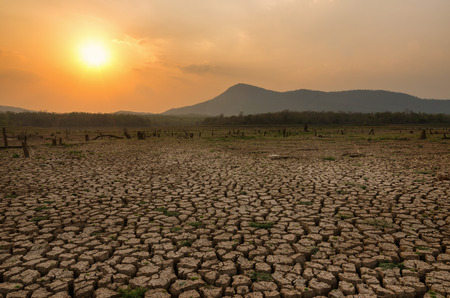 Global warming, Drought in the summer, the ground is dry reservoir of Mae Moh, Lampang, Thailand.の写真素材