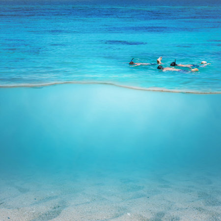 Snorkel swims in shallow water, tourism concept.の写真素材