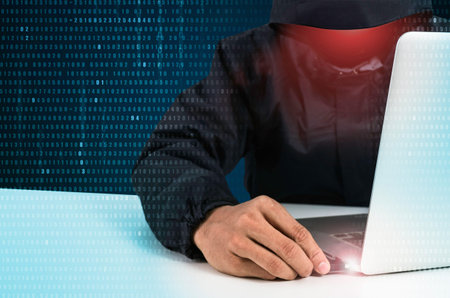 Hackers who steal data from a personal computer reading. A backdrop of digital code.