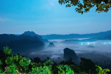 Phu Lanka, the landscape of misty mountains at night, Phayao Thailand, Phu Langka National Park.の写真素材