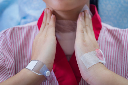 Thyroid undergoing patients and a sore throat.の写真素材