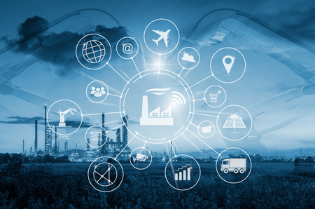 Industry 4.0 concept, smart factory with icon flow automation and data exchange in manufacturing technologies.の写真素材