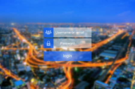 Login interface on touch screen. Touching login box, username and password inputs on virtual digital...