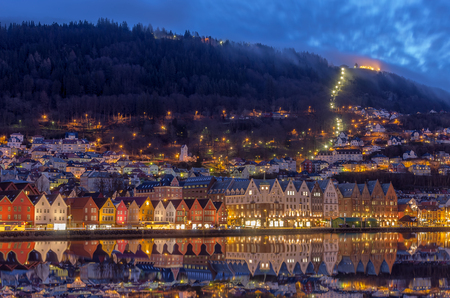 Famous Bryggen street with wooden colored houses in Bergen, Norwayの写真素材