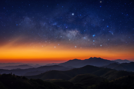 Milky Way over Mountain landscape, Nern Chang Suek Mountain, Pilok Kanchanaburi.の写真素材