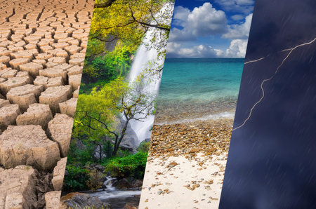 Weather Background - Various weather, bright sun, dark sky, storm and drought.