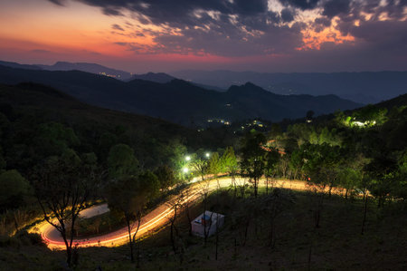 Beautiful view point Sunset of travel place, Dramatic long exposure sky and traffic light trails at...