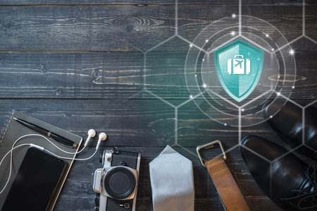 Travel Insurance, Shield protection Travel on virtual screen against Travel accessories on backdrop,...