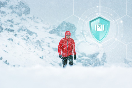 Shield protection Travel on virtual screen against Traveler on backdrop, Concept of insurance, Online insurance digital technology.の写真素材