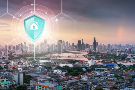 Property insurance, Shield protection Property on virtual screen against Condo apartment, office...