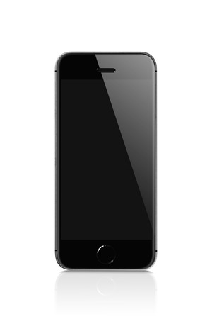 Black Mobile isolated with reflection on white background against black blank screen for mockup. Displaying for applications on the screen. Mobile technology connects the world closer together.の写真素材