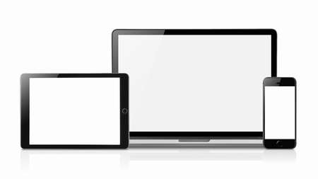 Laptop smartphone and tablet mockup with blank screen isolated on white background, Concept mockup. Copyspace for text.の写真素材