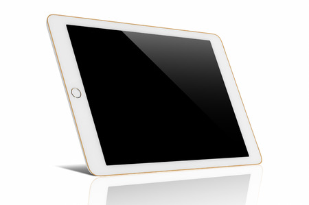 Digital tablet computer with Blank black screen, The frame is gold in color, with clipping path isolated on white background.の写真素材
