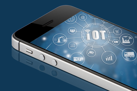 Smartphone with Internet of things (IOT) word and objects icon connecting together, Internet networking concept, Connect global wireless devices with each other.の写真素材