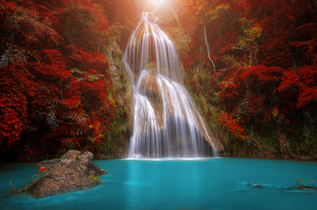 Waterfall in tropical deep forest with autumn color change Beautiful nature, Thailand.の写真素材