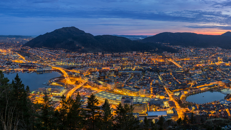 Panoramic view of Bergen from Floyen, Bergen, Norway at sunset.の写真素材
