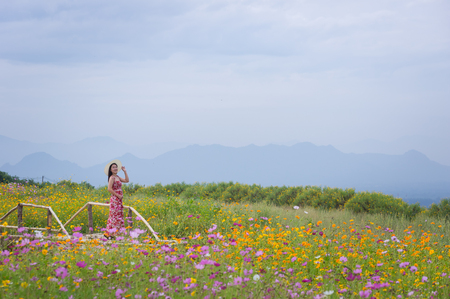 Beautiful woman in nature flower, Her wear white dresses and red hat in Tung Bua Tong Mexican sunflower field in Mae Moh Coal Mine, Lampang Province, Thailand.の写真素材