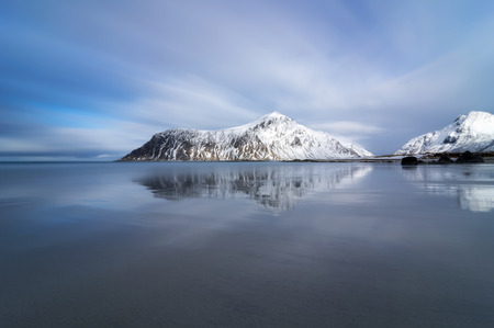 Beautiful view of scenic Lofoten Islands archipelago winter scenery, Beautiful mountain landscape in winter Norway, Scandinavia.の写真素材