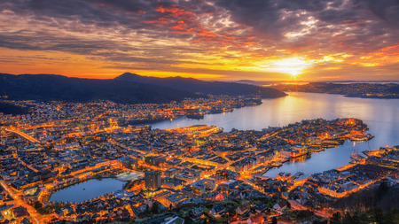 Panoramic view of Bergen from Floyen, Bergen, Norway at sunset.の写真素材