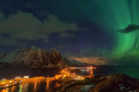 Beautiful view of scenic Lofoten Islands archipelago winter scenery, with Northern Lights or Aurora Borealis, Beautiful mountain landscape in winter Norway, Scandinavia.の写真素材
