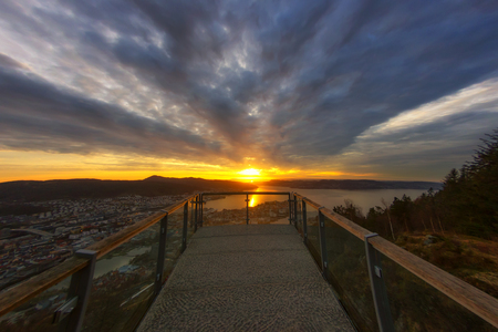 View point of Bergen from Floyen, Bergen, Norway at sunset.の写真素材