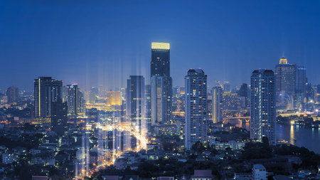 Bangkok cityscape at night view, Modern city with abstract wireless network connection concept,  communication technology concept.の写真素材