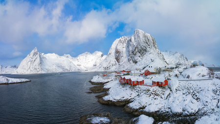 Beautiful view of scenic Lofoten Islands archipelago winter scenery, Beautiful mountain landscape in winter Norway, Scandinavia.の写真素材